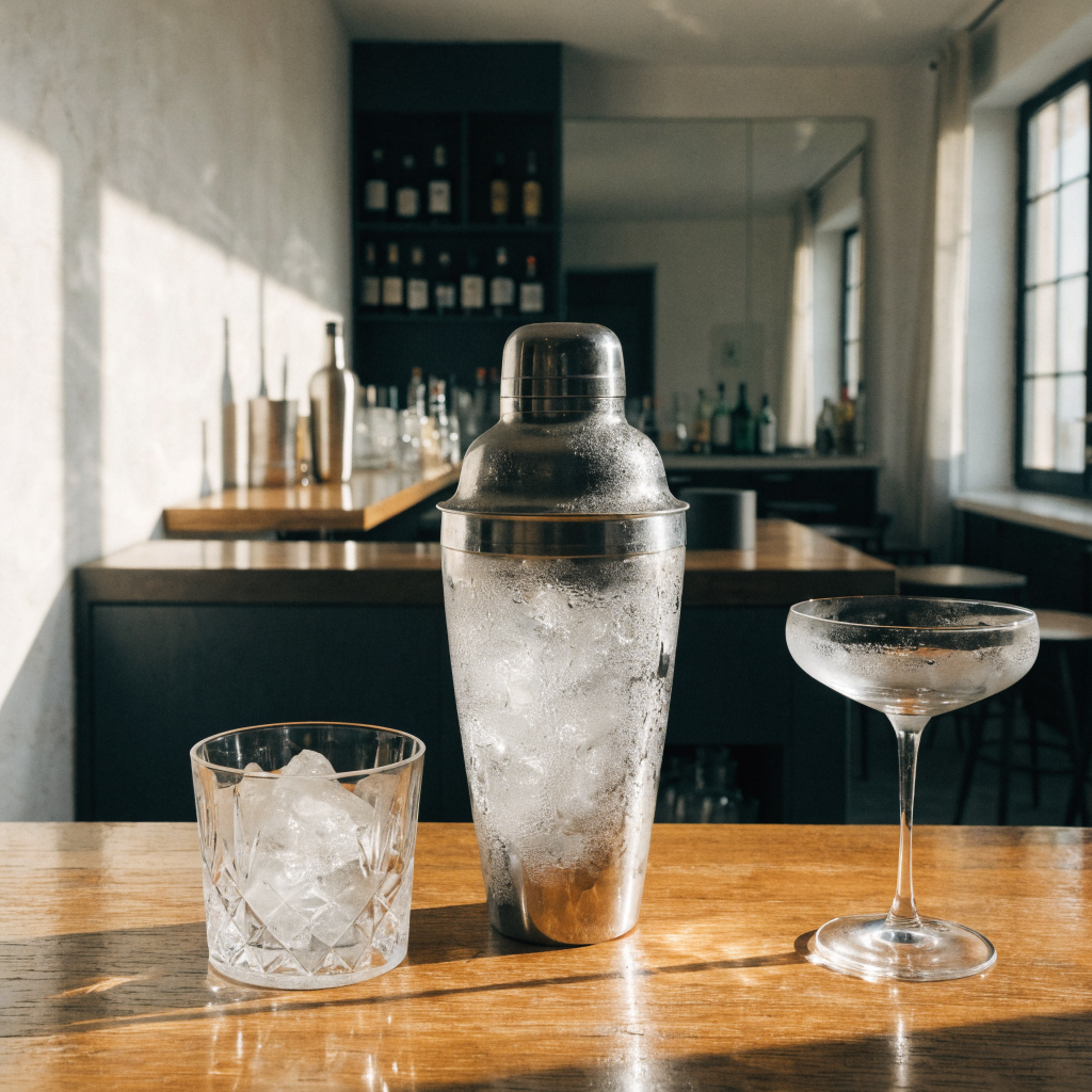 Beslagen cocktailshaker met mengglas en coupeglas op een bar - Glazen.nl