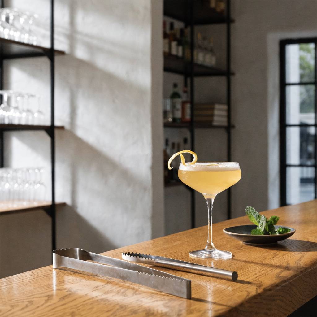 Garneertang en citruszester naast een afgewerkte cocktail - Glazen.nl