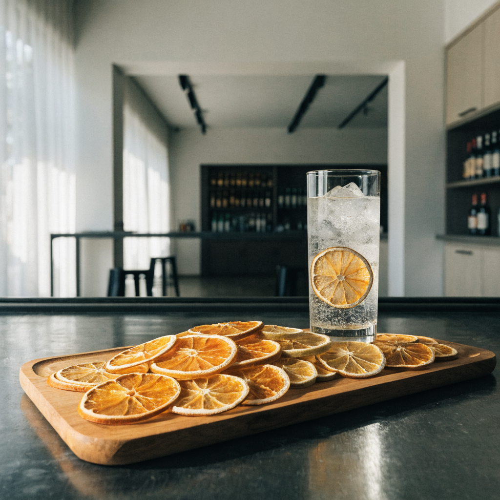 Gedroogde citrusschijfjes op een houten plank naast een longdrink - Glazen.nl