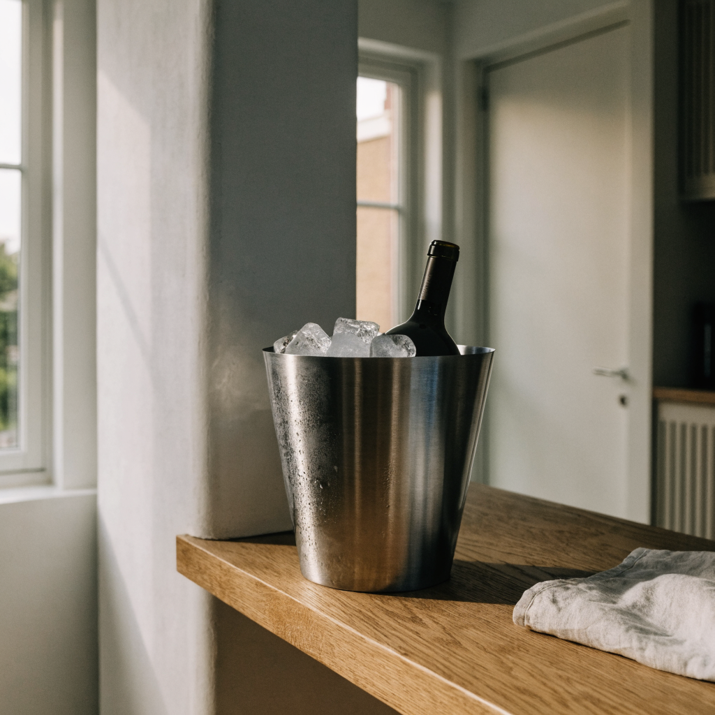 Dubbelwandige roestvrijstalen ijsemmer met ijs en een fles op een bar - Glazen.nl