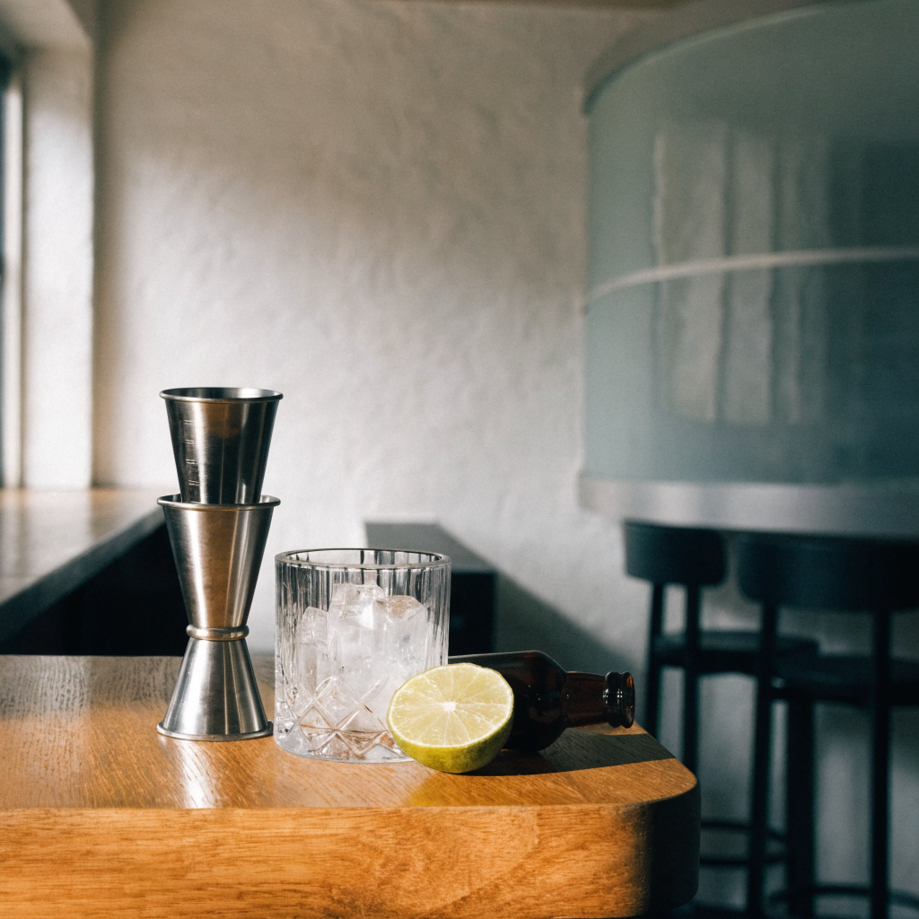 Dubbelzijdige jigger met mengglas op een houten bartop - Glazen.nl