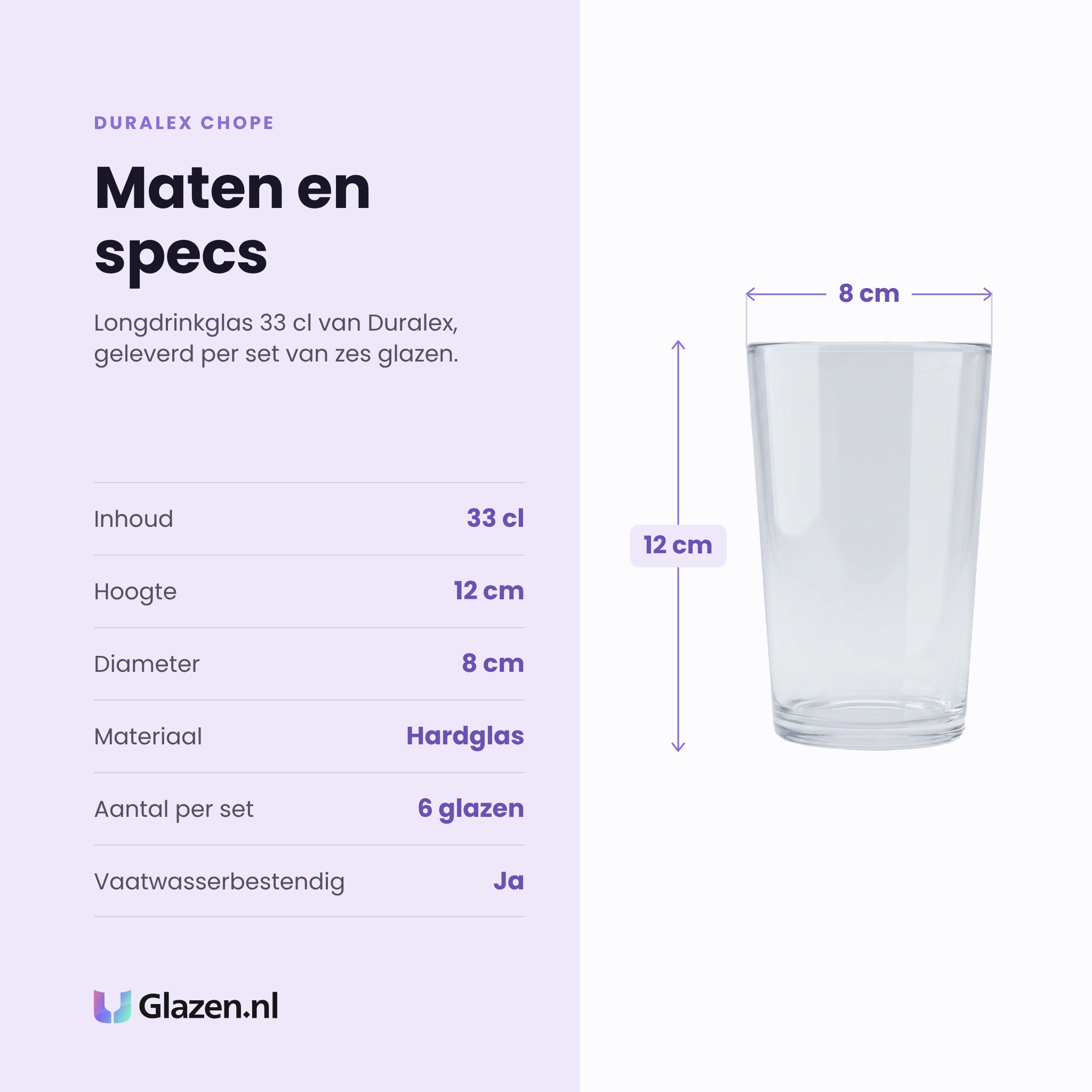 Duralex Chope longdrinkglas 33 cl specificaties: inhoud 33 cl, hoogte 12 cm, diameter 8 cm, hardglas, set van 6