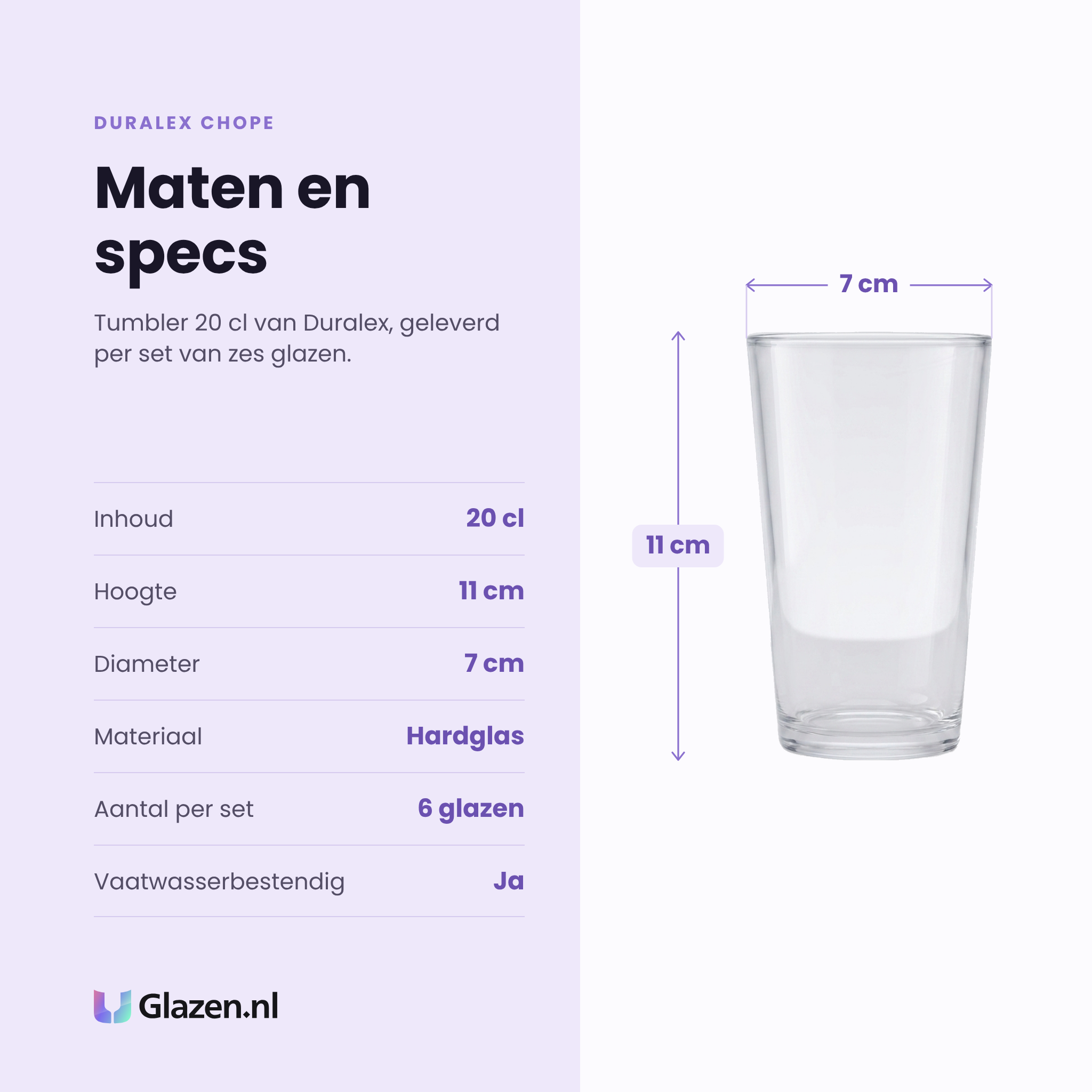 Duralex Chope tumbler 20 cl specificaties: inhoud 20 cl, hoogte 11 cm, diameter 7 cm, hardglas, set van 6