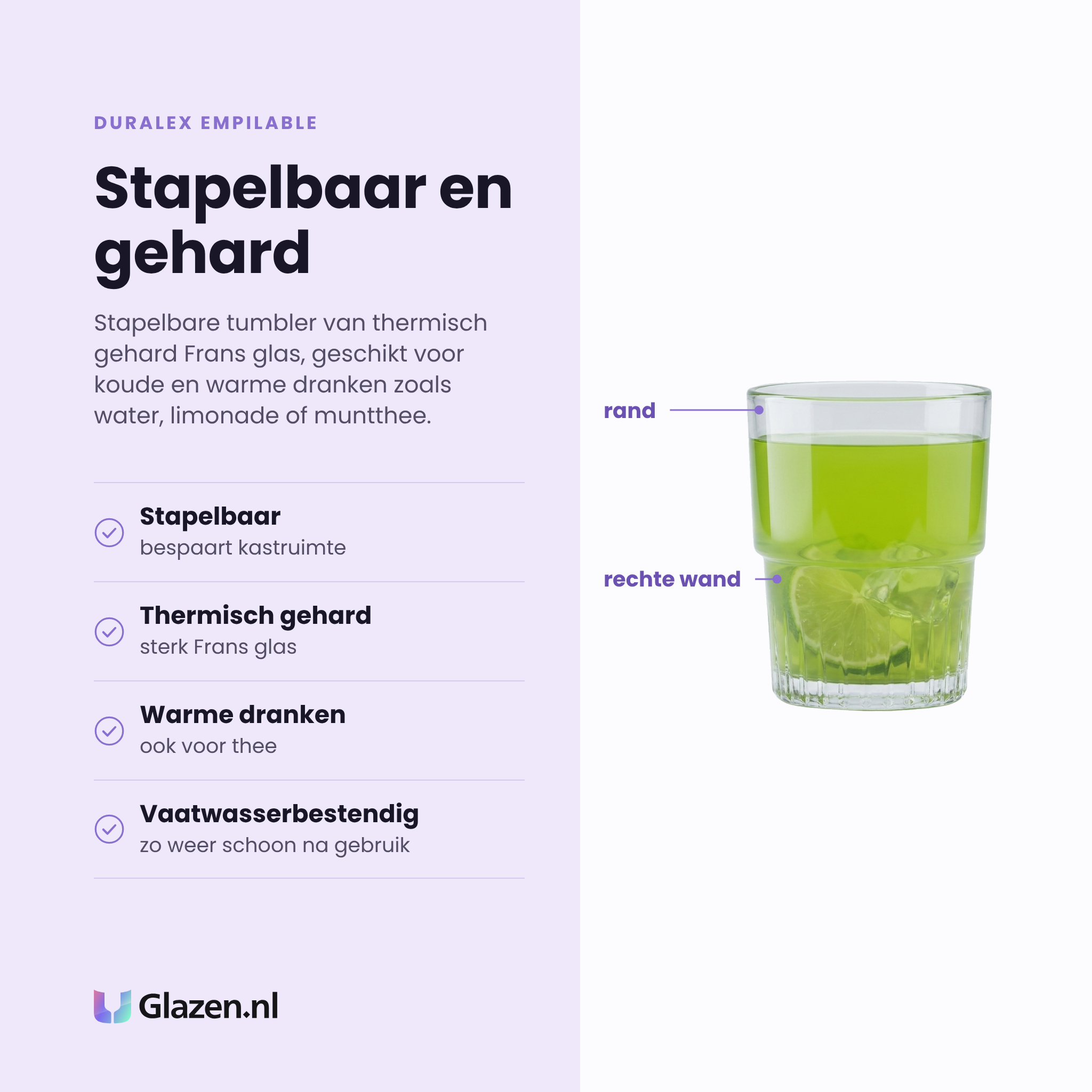 Duralex Empilable tumbler 20 cl eigenschappen: stapelbaar, thermisch gehard Frans glas, geschikt voor warme dranken, vaatwasserbestendig