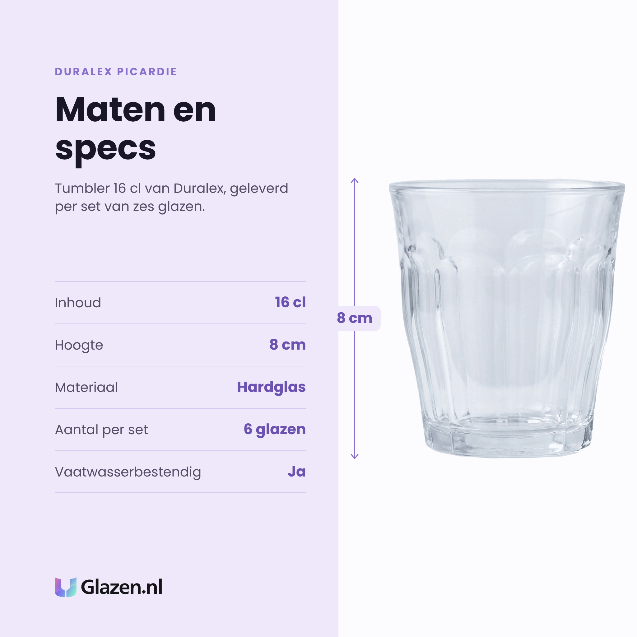 Duralex Picardie tumbler 16 cl specificaties: inhoud 16 cl, hoogte 8 cm, hardglas, set van 6