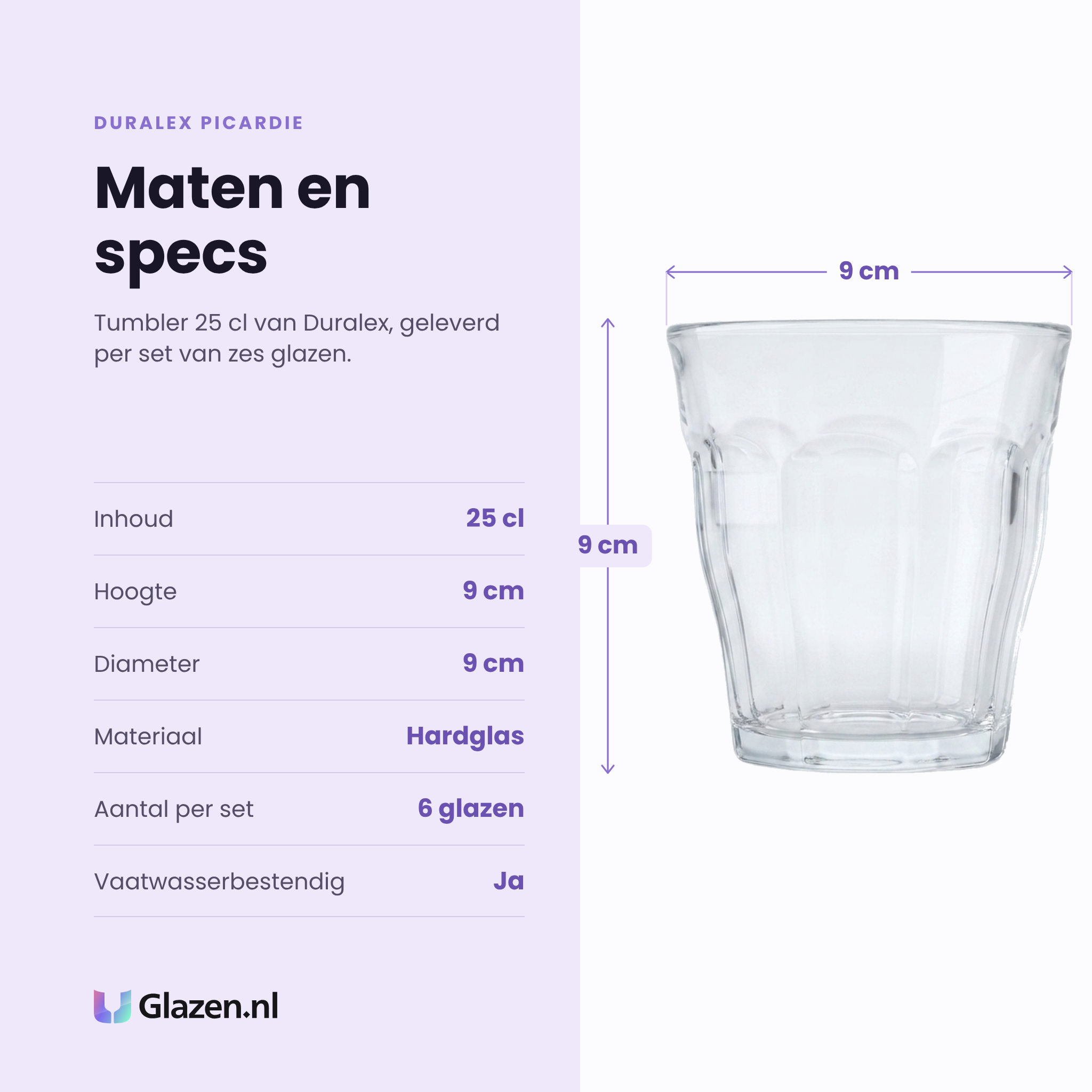 Duralex Picardie tumbler 25 cl specificaties: inhoud 25 cl, hoogte 9 cm, diameter 9 cm, hardglas, set van 6