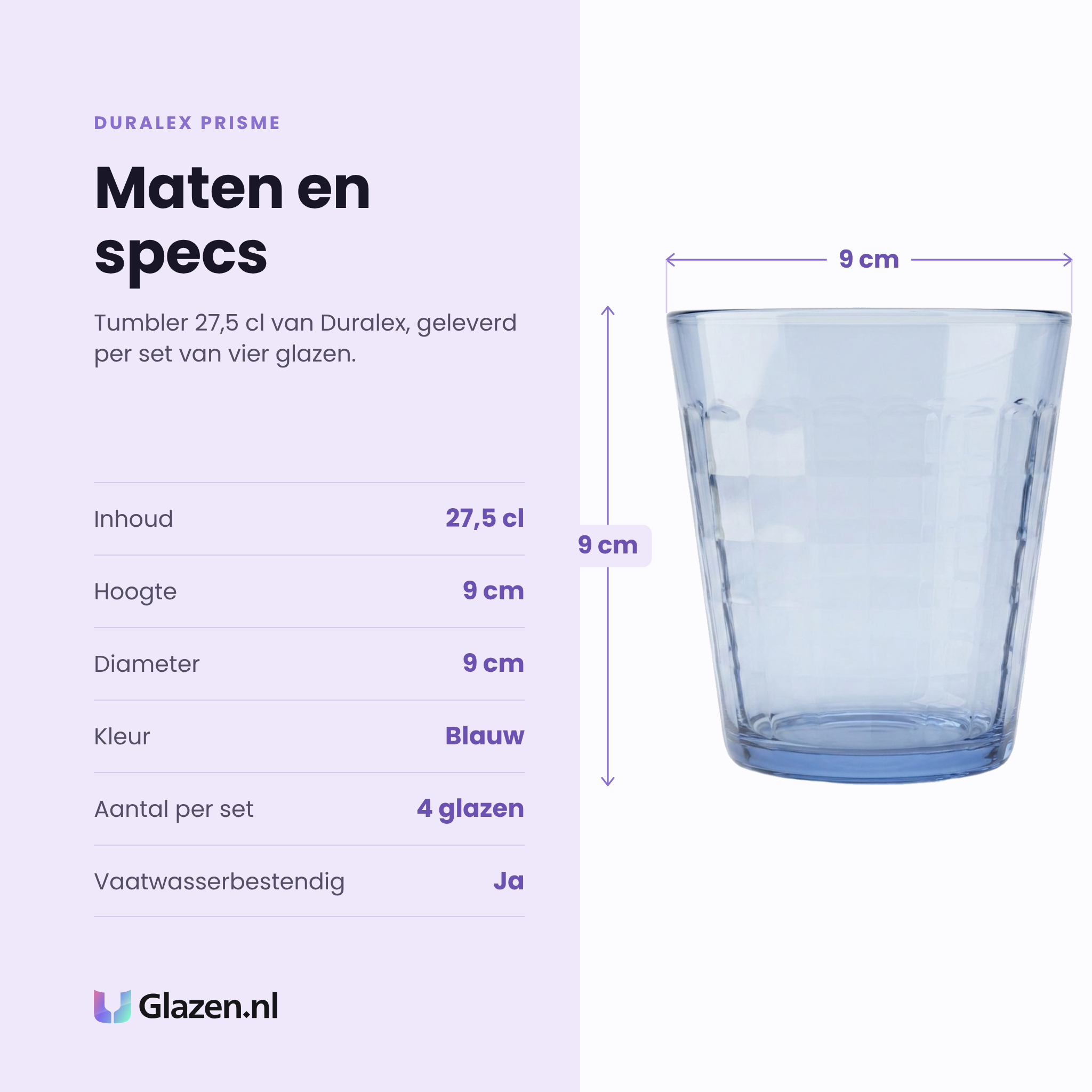 Duralex Prisme tumbler 27,5 cl specificaties: inhoud 27,5 cl, hoogte 9 cm, diameter 9 cm, blauw, set van 4