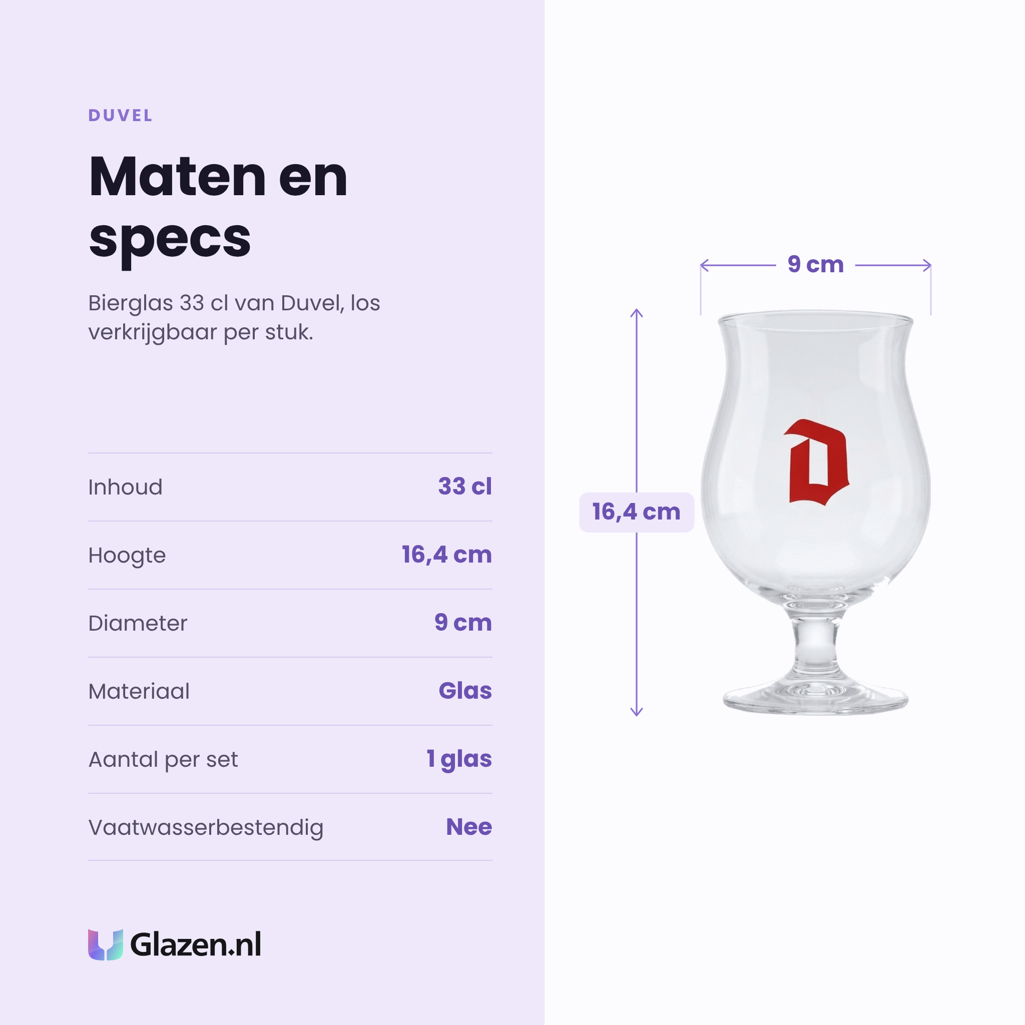 Duvel bierglas 33 cl specificaties: inhoud 33 cl, hoogte 16,4 cm, diameter 9 cm, glas, los per stuk