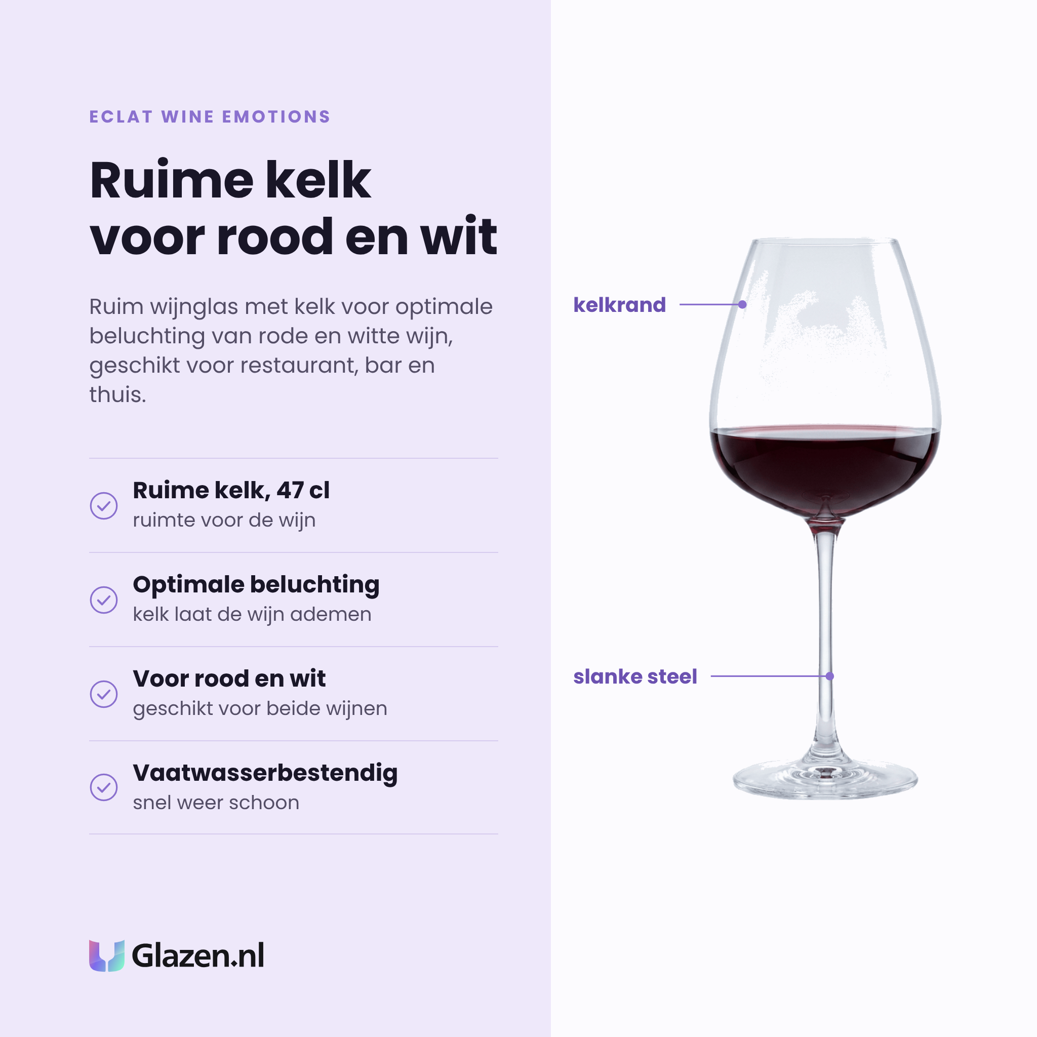 Eclat Wine Emotions wijnglas 47 cl eigenschappen: ruime kelk van 47 cl, kelk voor optimale beluchting, geschikt voor rood en wit, vaatwasserbestendig