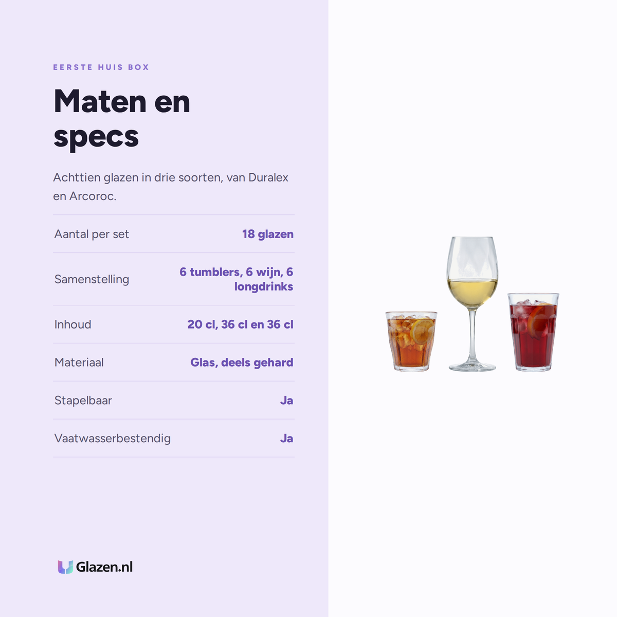 Maten en specs van Eerste Huis Box 18-Delig (Water, Wijn & Longdrink)