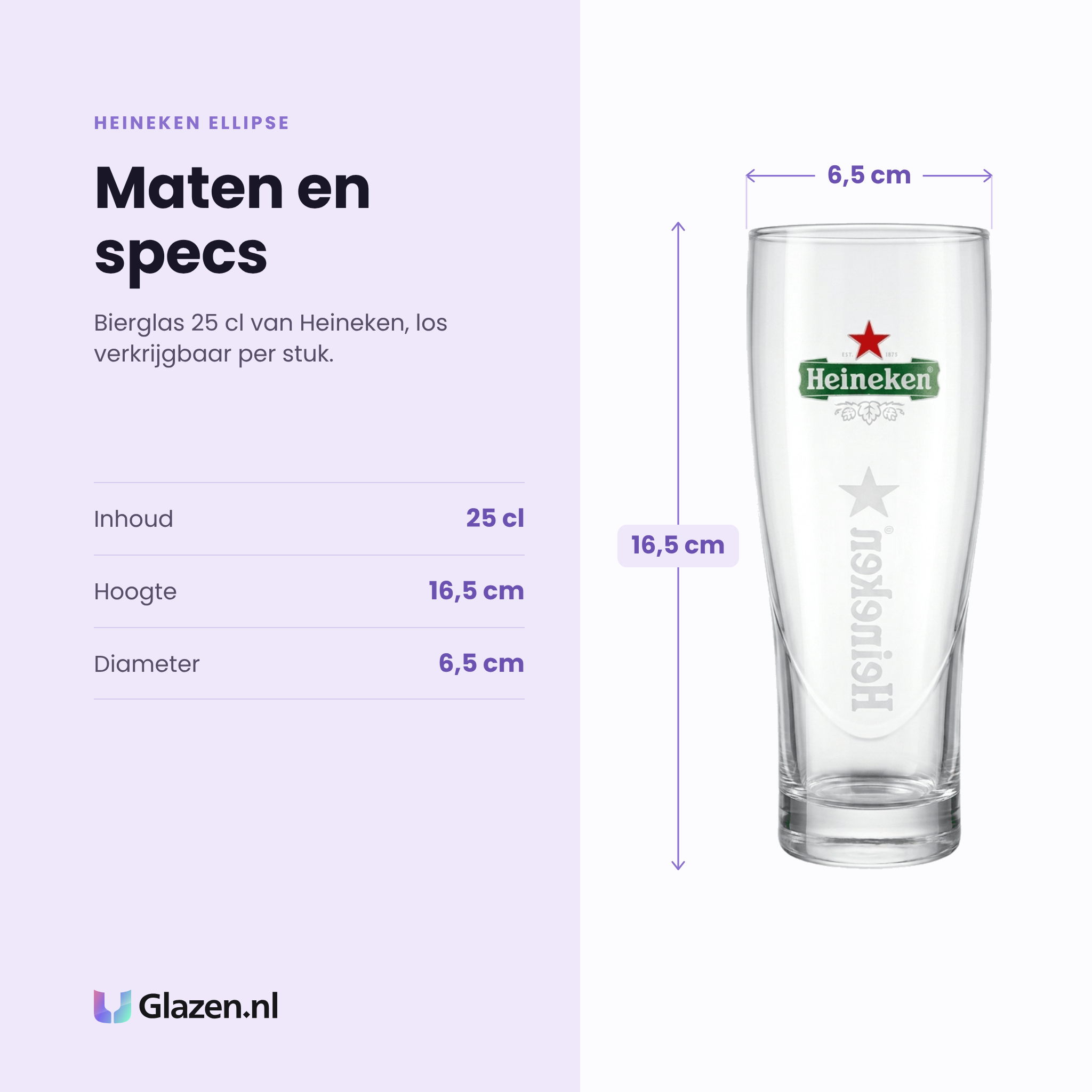 Heineken Ellipse bierglas 25 cl specificaties: inhoud 25 cl, hoogte 16,5 cm, diameter 6,5 cm, los verkrijgbaar per stuk