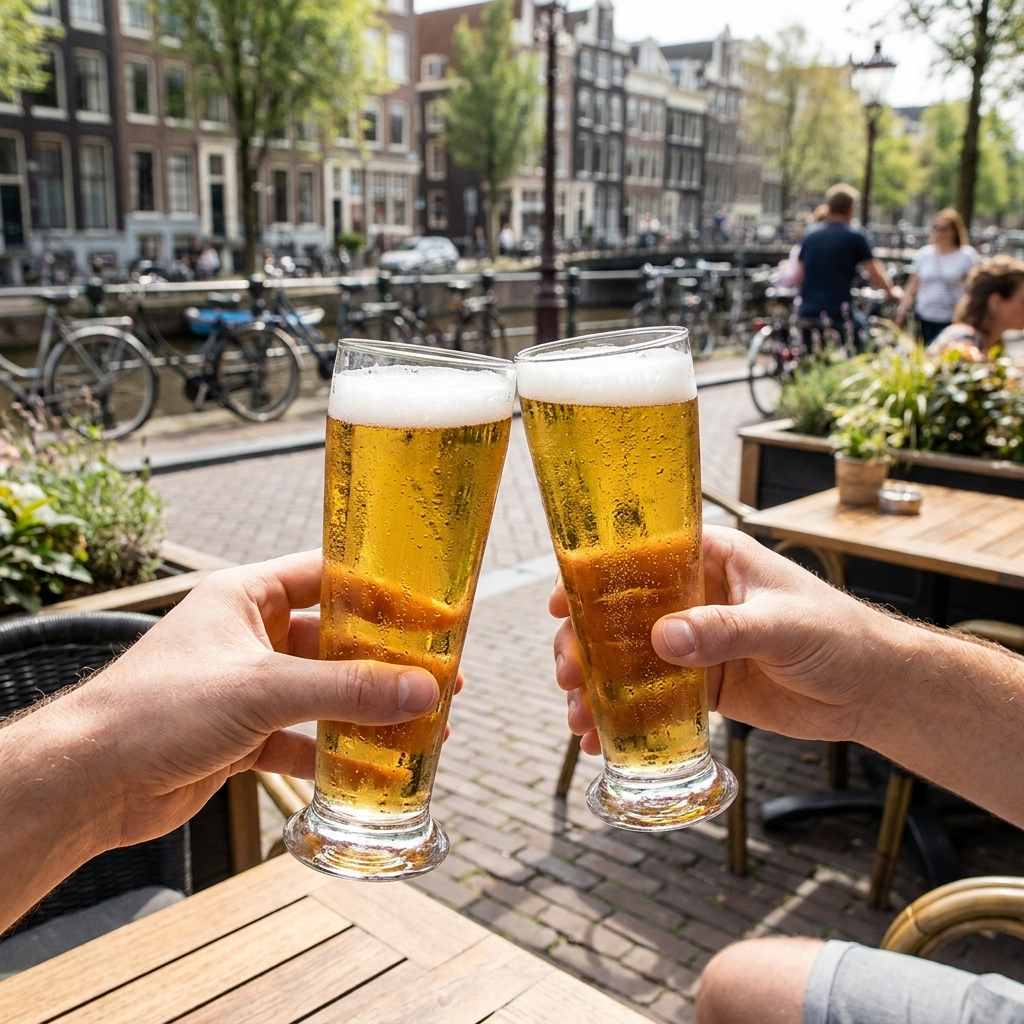 Arcoroc Linz bierglazen proostend op terras