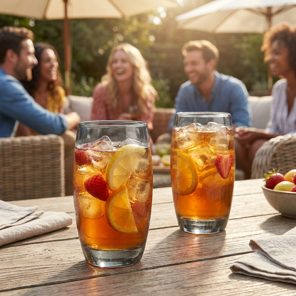 Arcoroc Color Studio longdrinkglazen grijs met ijsthee op zomerterras
