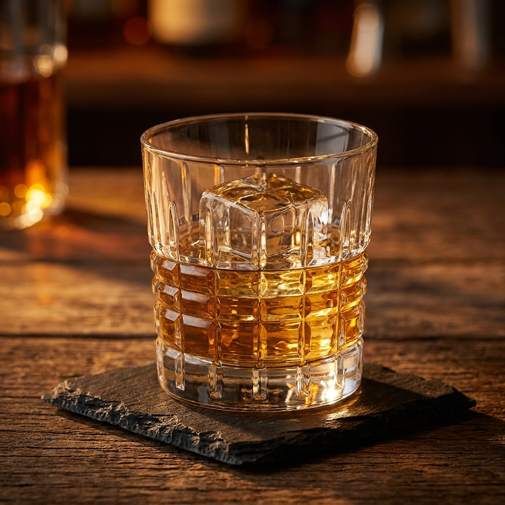 Arcoroc Old Square tumbler 32 cl met whisky on the rocks op leisteen onderzetter