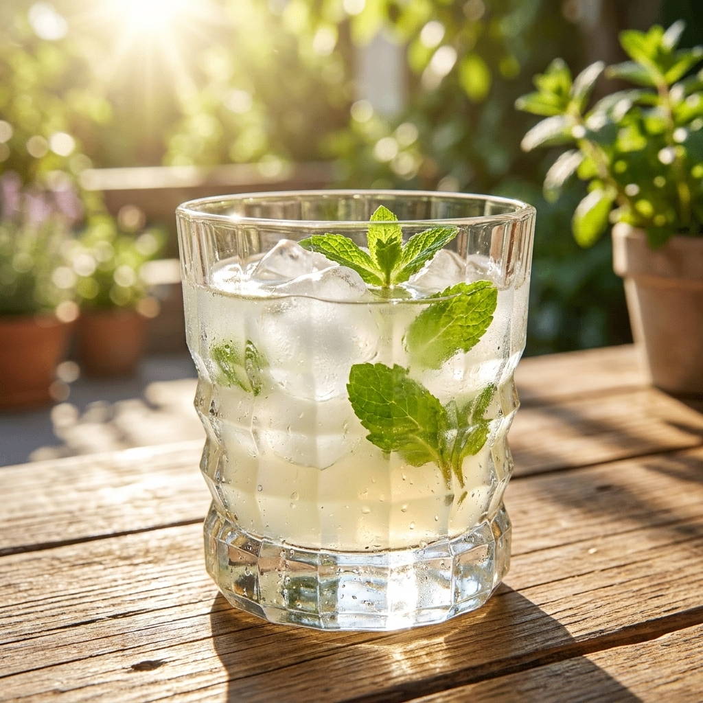 Arcoroc Louisiane tumbler 36 cl ingeschonken met limonade, ijs en munt op terras