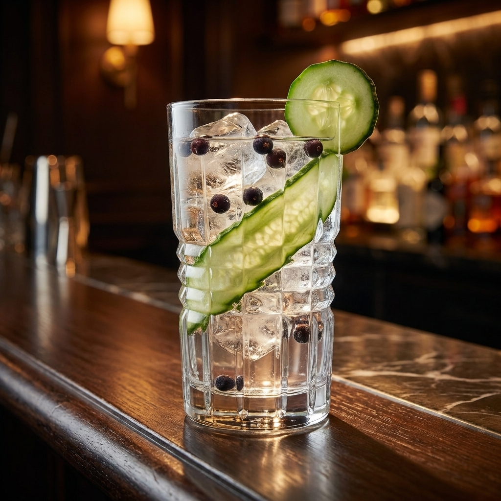 Arcoroc Old Square tumbler 36 cl met gin tonic, ijs en komkommer op bar