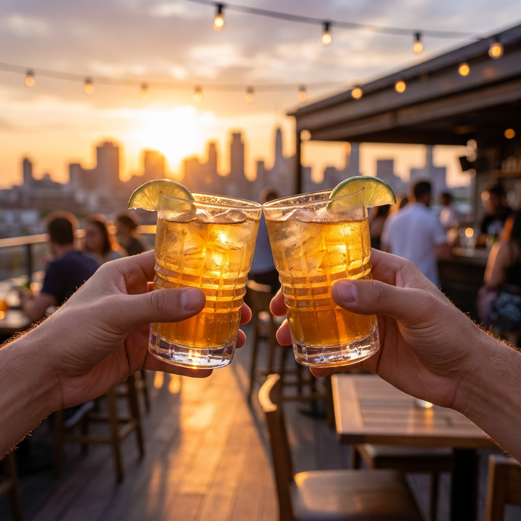 Proostmoment met Arcoroc Old Square tumblers op rooftopbar bij zonsondergang