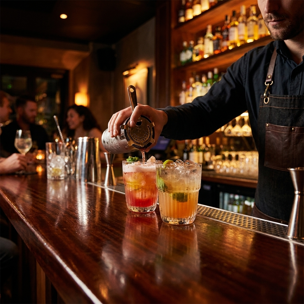 Barman serveert cocktails in Bormioli Rocco Barshine tumblers