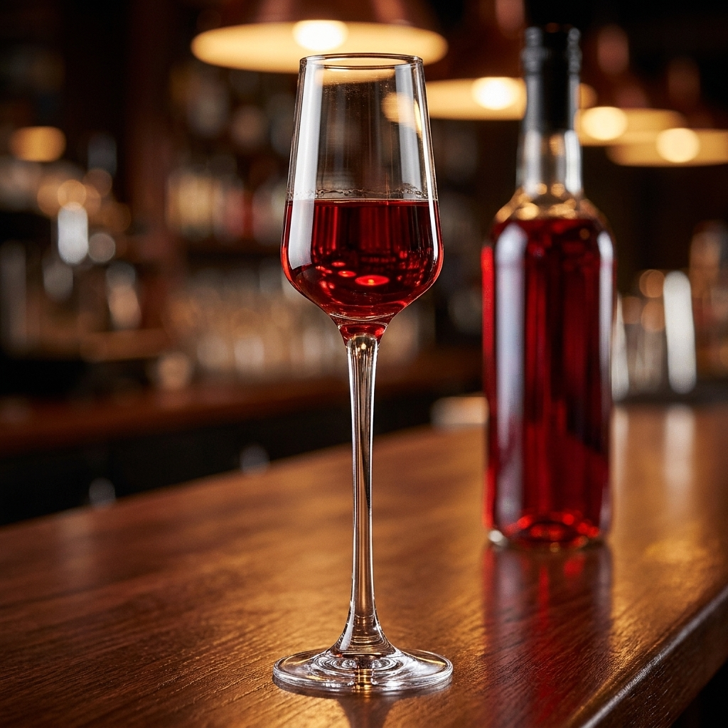 Chef & Sommelier Spirits likeurglas 10 cl gevuld met rode likeur op bar