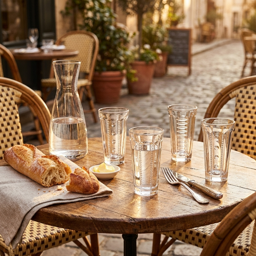 La Rochère Saga glazen op Franse bistrotafel met karaf en brood
