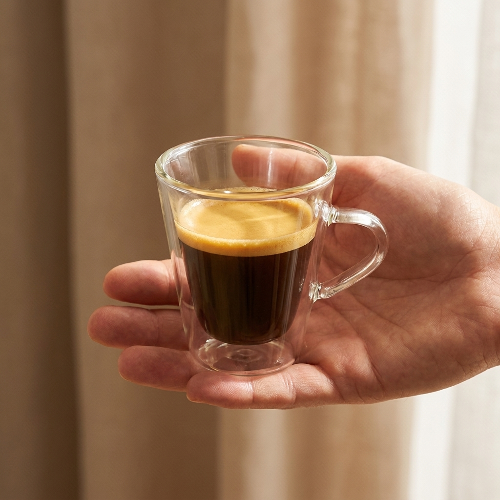 Luigi Bormioli Espressino glas 10,5 cl in hand voor formaatindicatie