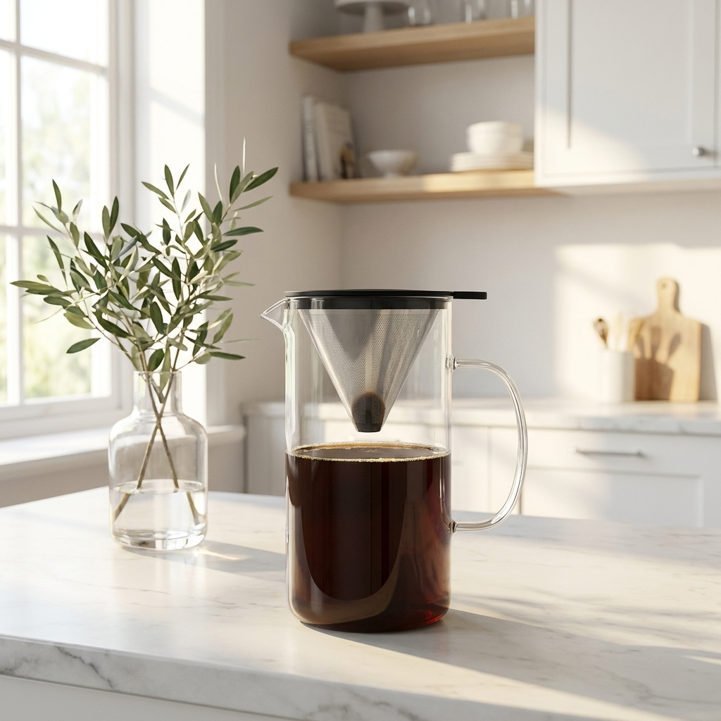 Luigi Bormioli Thermic koffiemaker Sublime 1,8L met verse koffie op marmeren aanrecht