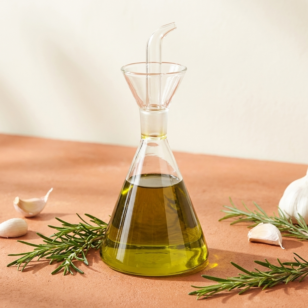 Luigi Bormioli Conical oliefles 25 cl tegen crème achtergrond met rozemarijn