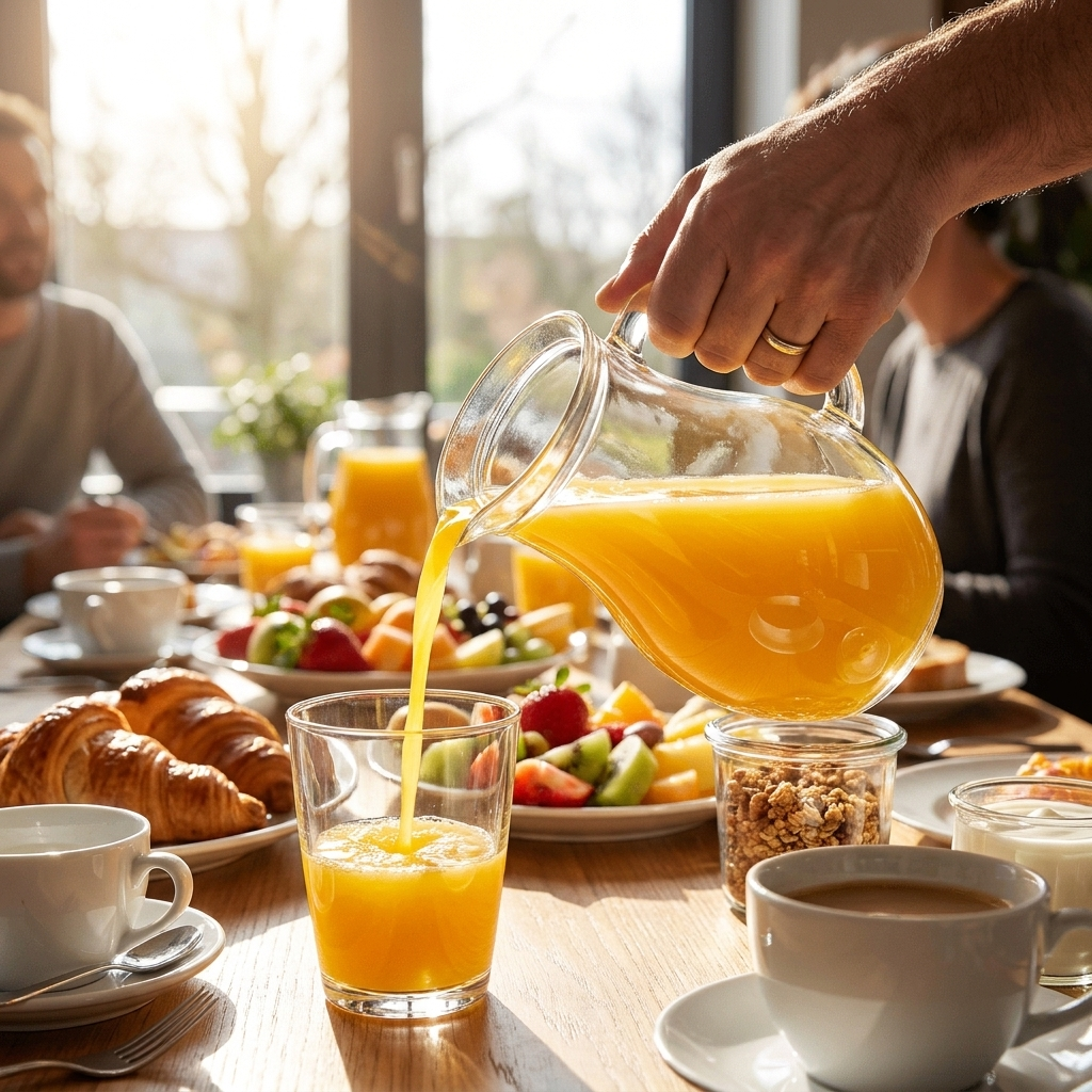 Sinaasappelsap inschenken uit Pasabahce Banqueting karaf bij ontbijtbuffet
