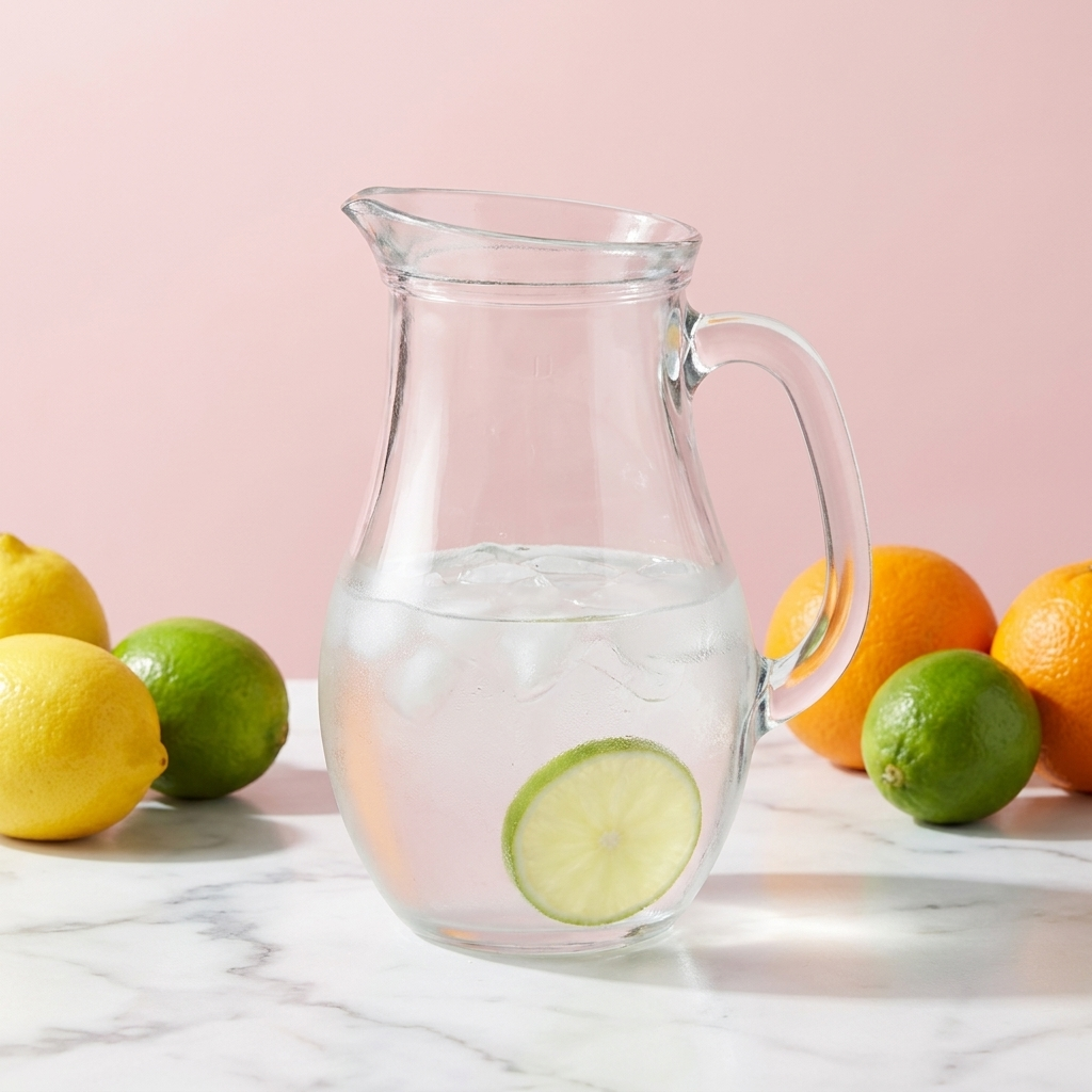 Pasabahce Banqueting karaf 1 liter tegen pastelroze achtergrond met citrus
