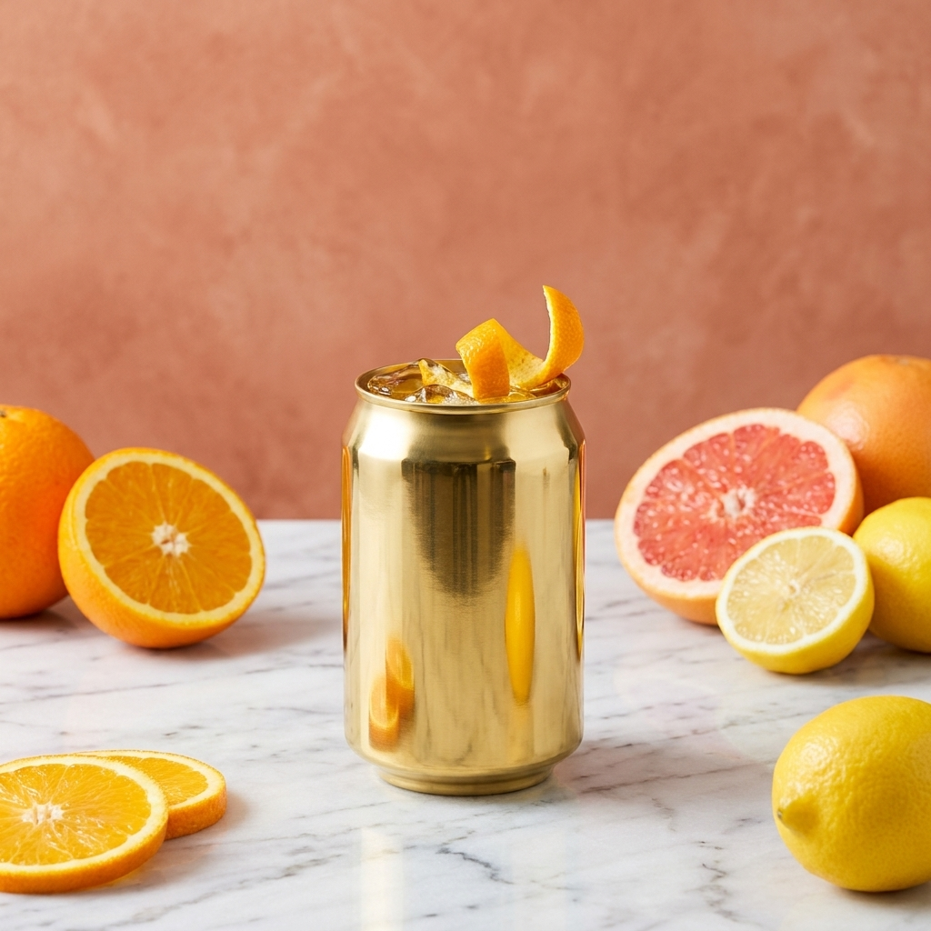 Speakeasy Cola Mug goud met cocktail tegen terracotta achtergrond met citrus
