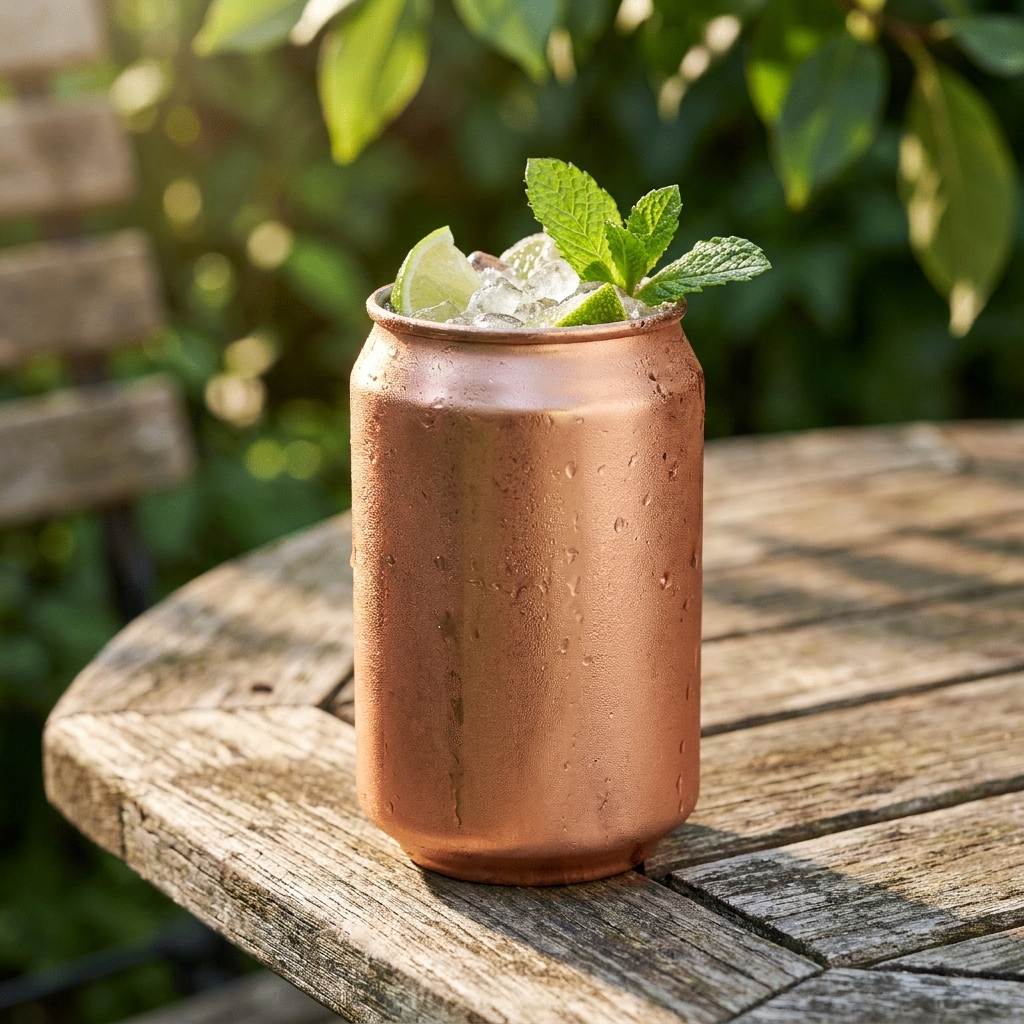Speakeasy Cola Mug cocktailbeker koper met Moscow Mule op tuintafel
