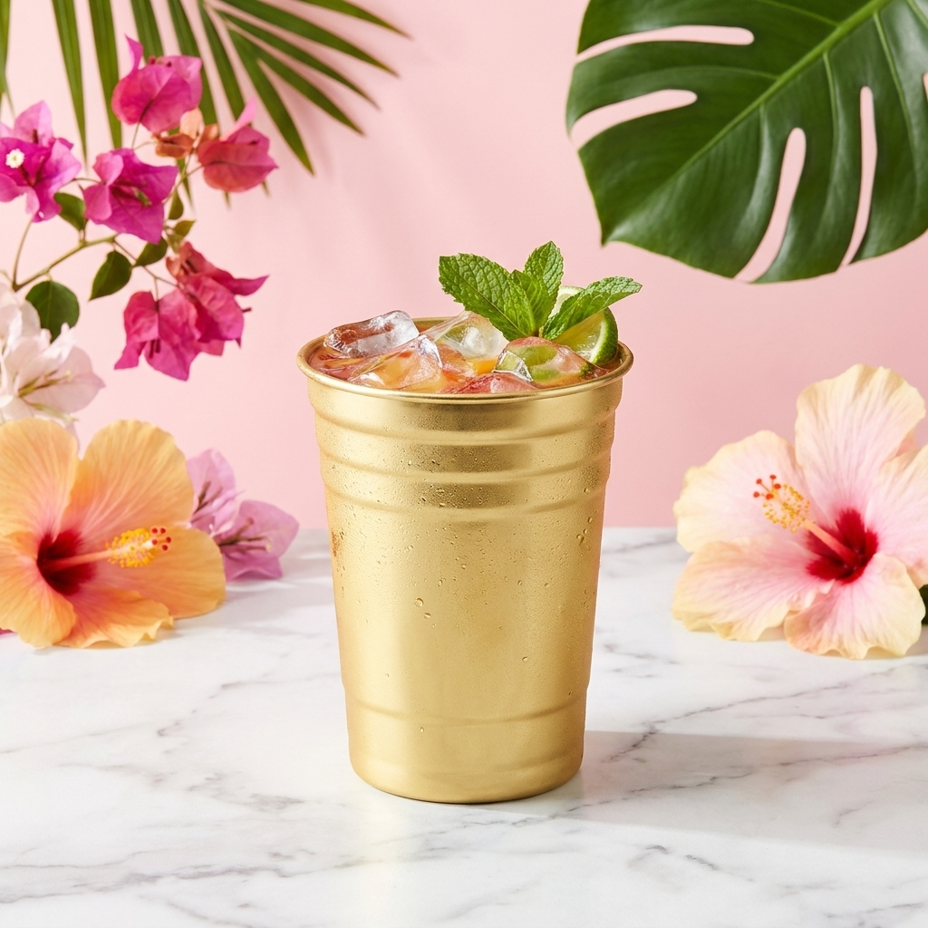 Speakeasy Drinking beker goud met cocktail tegen pastelroze achtergrond