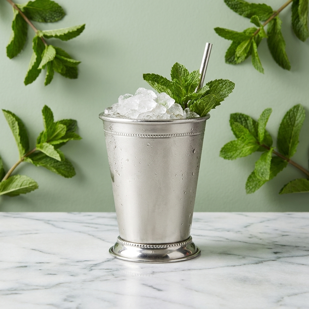 Speakeasy Julep beker met cocktail en munt tegen saliegroene achtergrond