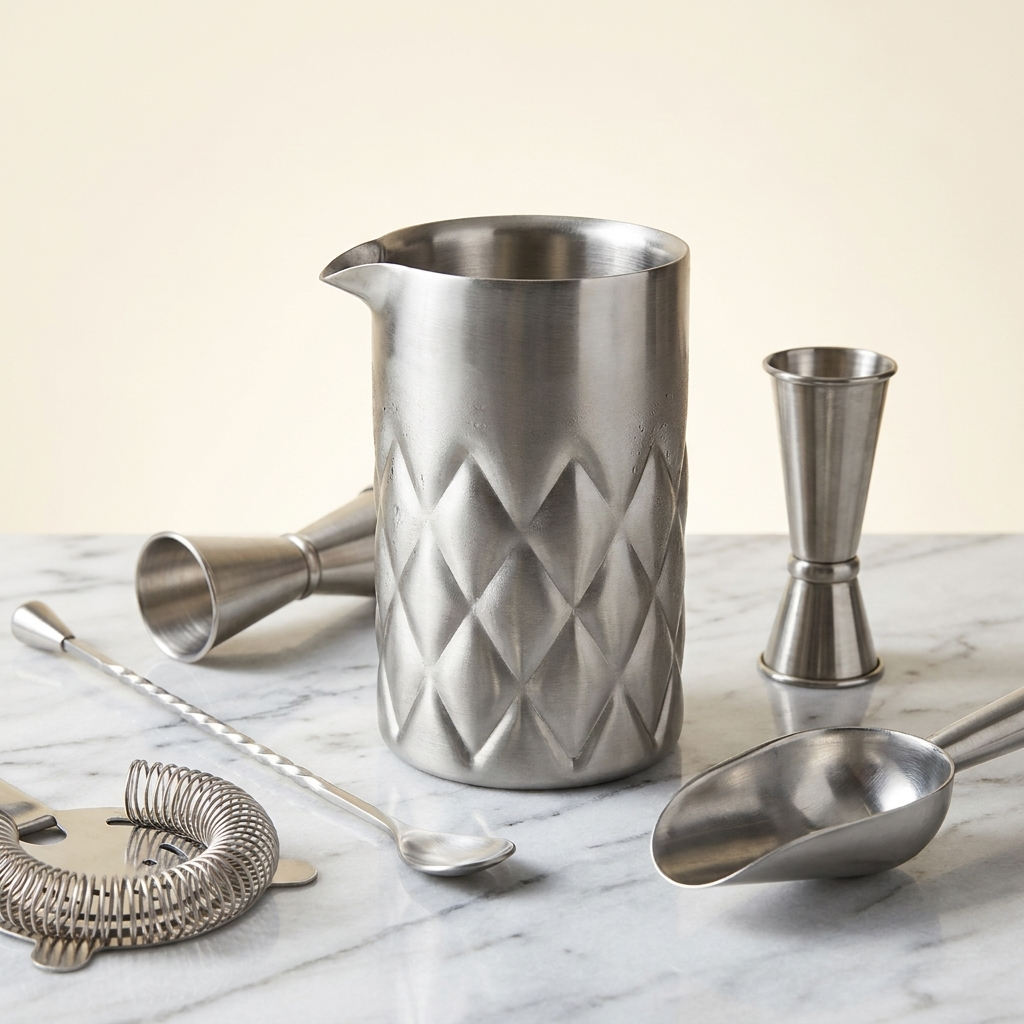 Speakeasy Yarai mixglas RVS met cocktailtools tegen crème achtergrond