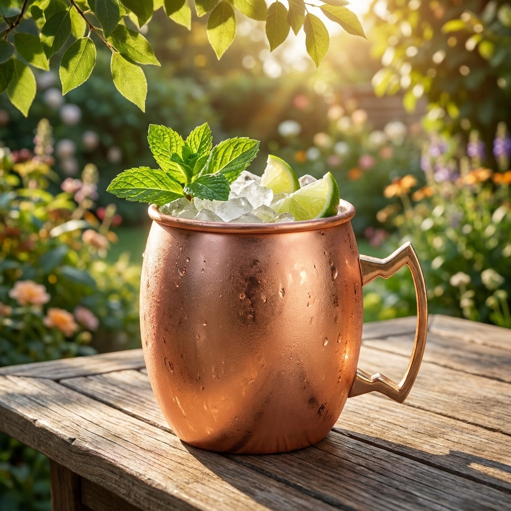 Speakeasy Moscow Mule cocktailglas curved koper met mule op tuintafel