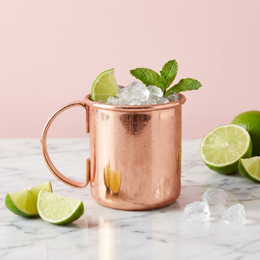 Speakeasy Moscow Mule straight beker tegen pastelroze achtergrond met limoen