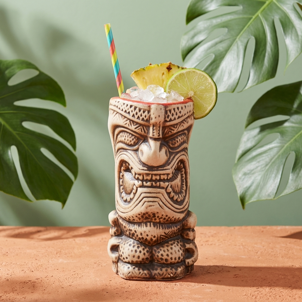 Tiki beker Kupicchu met cocktail tegen saliegroene achtergrond met monstera