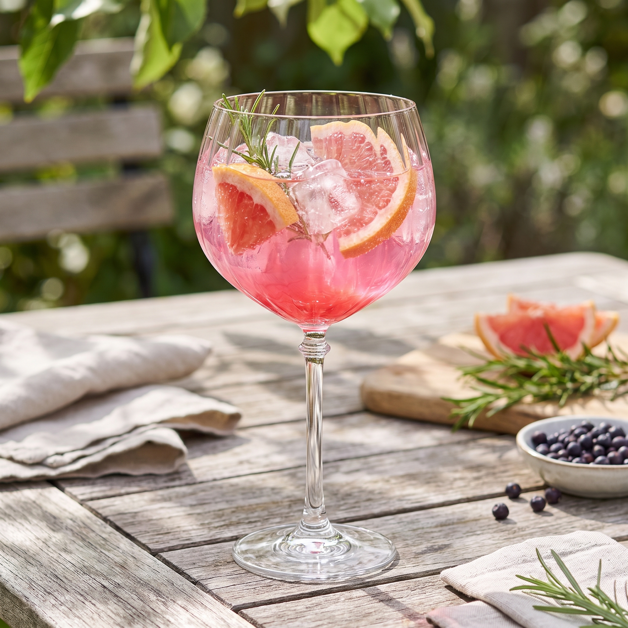 Gin tonic glas met roze grapefruitcocktail op een houten tuintafel in gefilterd zomerlicht