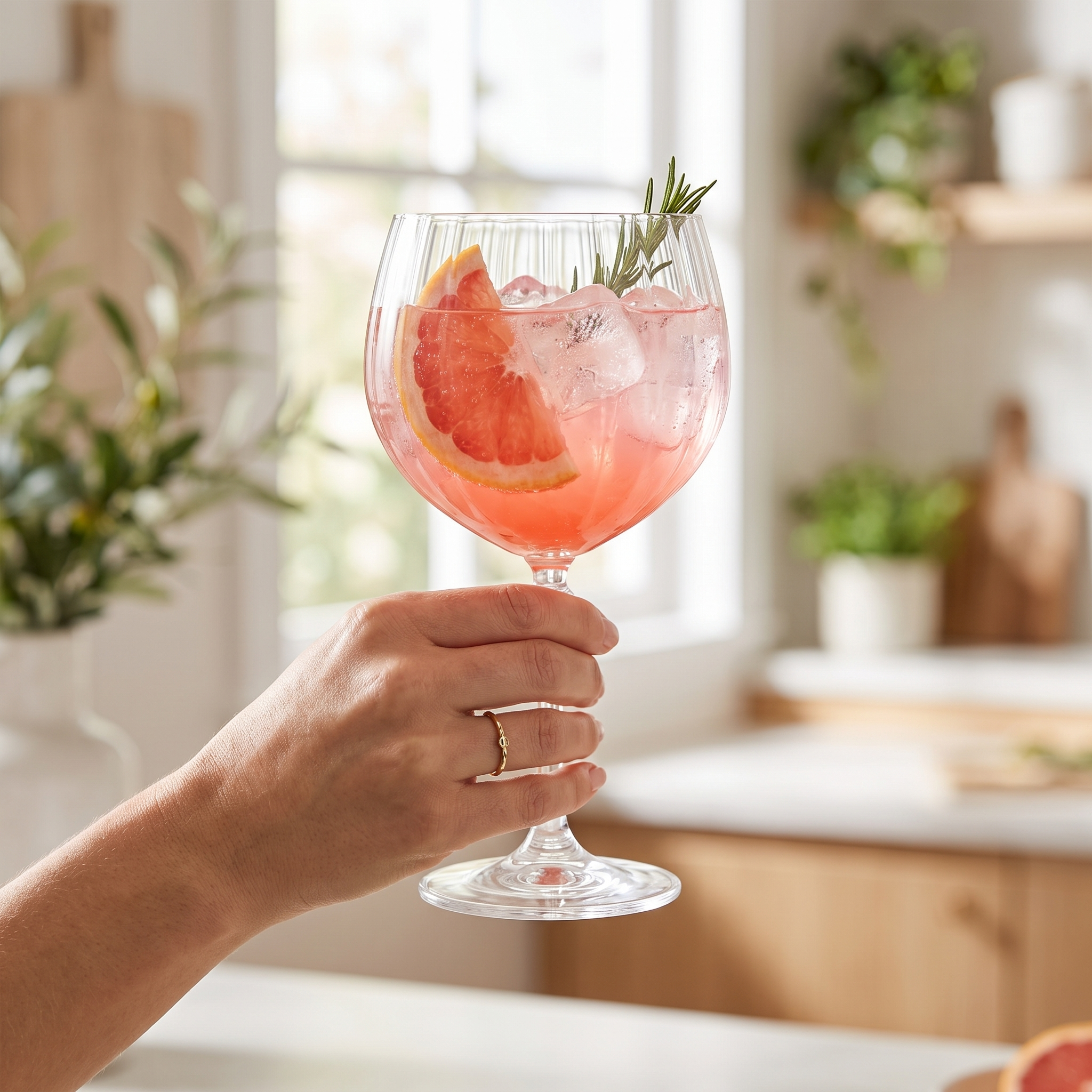 Hand houdt het gin tonic glas bij de steel vast, waardoor de grootte van het glas goed zichtbaar is