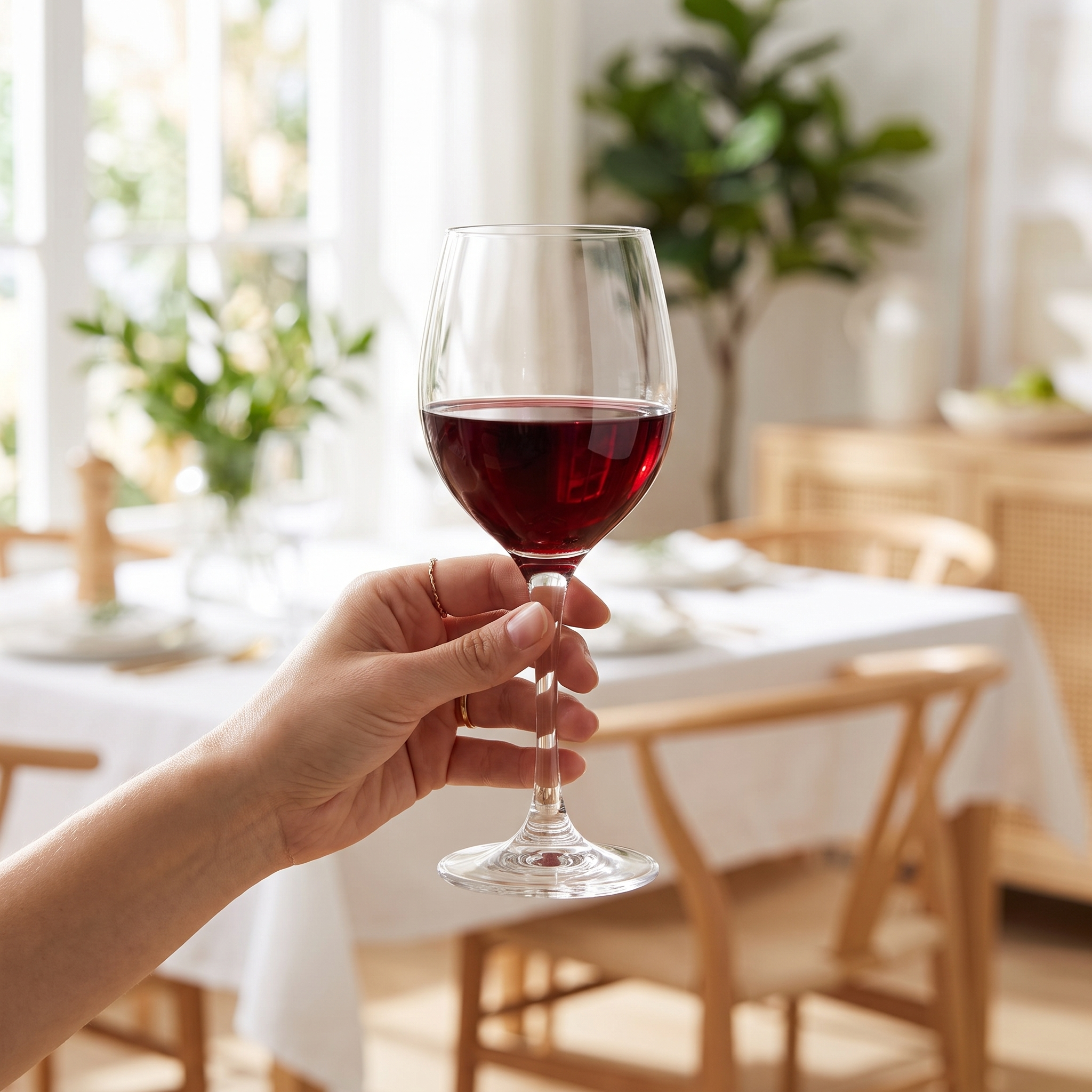 Hand houdt het wijnglas bij de steel vast, waardoor de grootte van het glas goed zichtbaar is