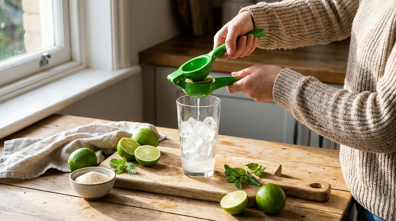 Limoen uitknijpen met een handmatige citruspers boven een cocktailshaker in de keuken