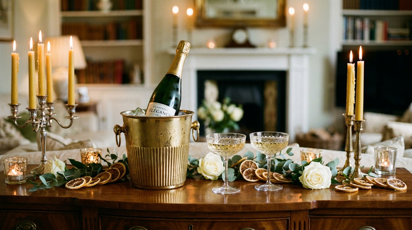 Vintage gouden champagnekoeler met een fles op ijs naast twee coupes bij kaarslicht