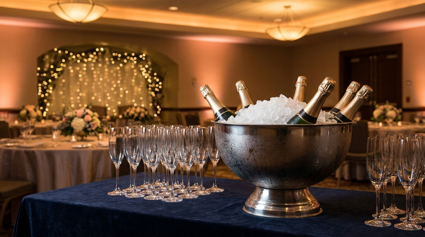 Brede roestvrijstalen champagneschaal met zes flessen op ijs op een receptietafel