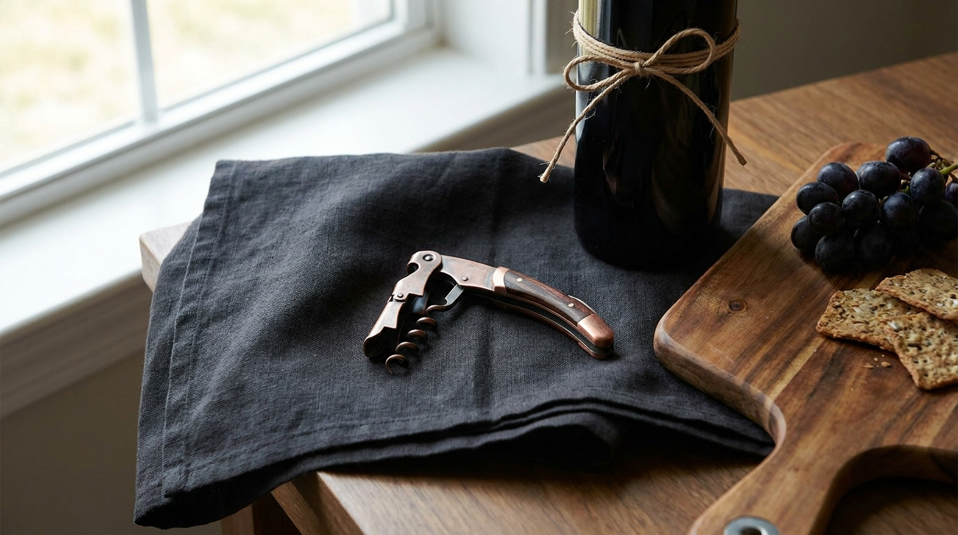 Koperen kelnersmes op een donkere linnen doek naast een wijnfles, als cadeau gepresenteerd