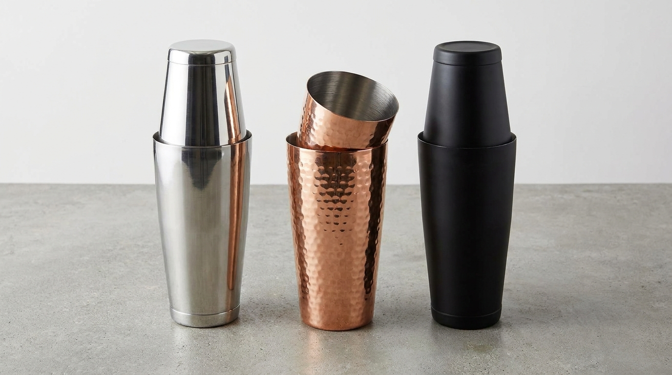 Boston shaker tins in RVS, koper en mat zwart naast elkaar
