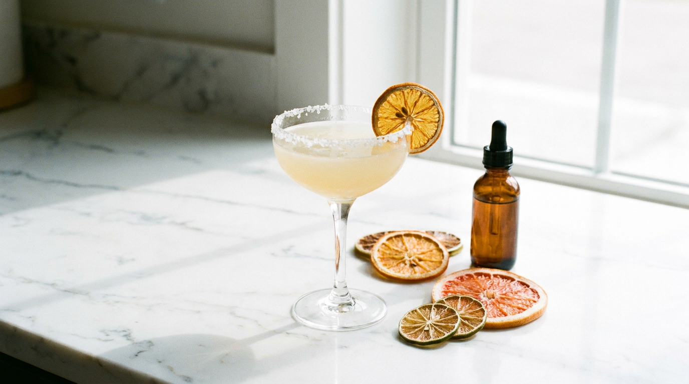 Cocktail in een coupe met gezouten rand en een gedroogde sinaasappelschijf als garnering