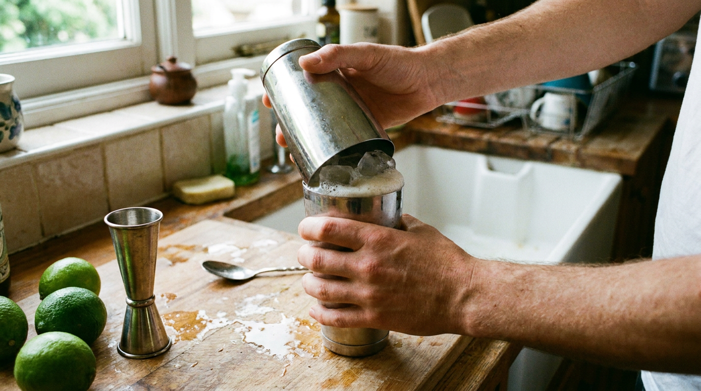 Boston shaker losmaken met een tik van de handpalm op het aanrecht thuis