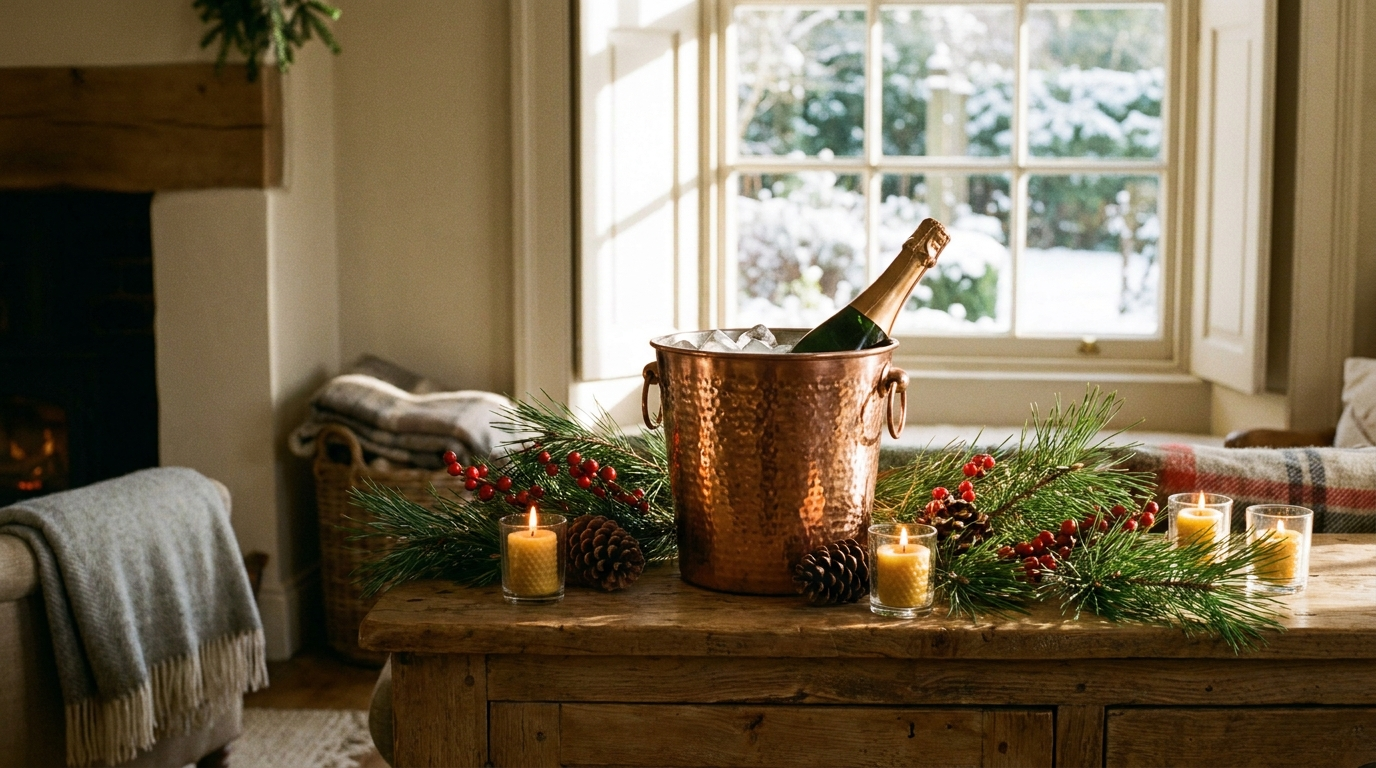 Koperen champagnekoeler met fles op ijs op een dressoir met dennentakken en kaarsen