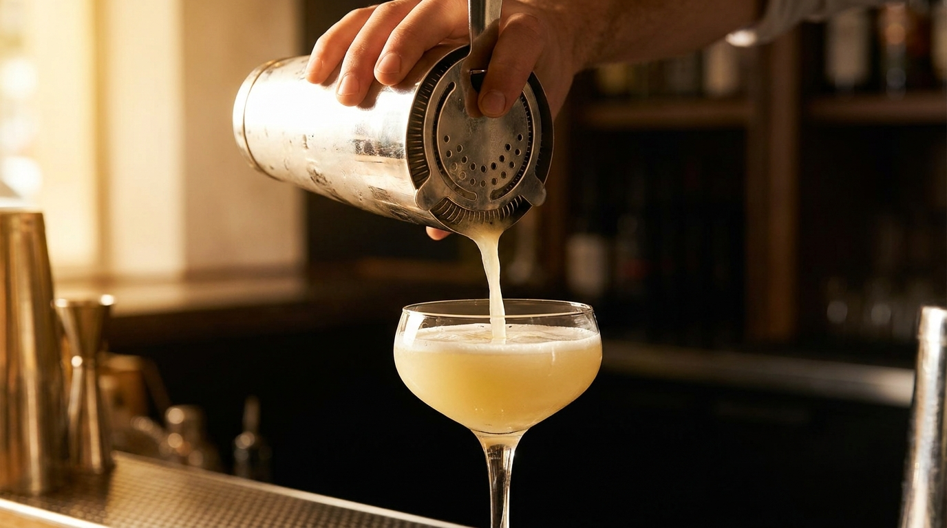 Cocktail uitschenken uit een cobbler shaker in een coupe, de ingebouwde zeef houdt het ijs tegen
