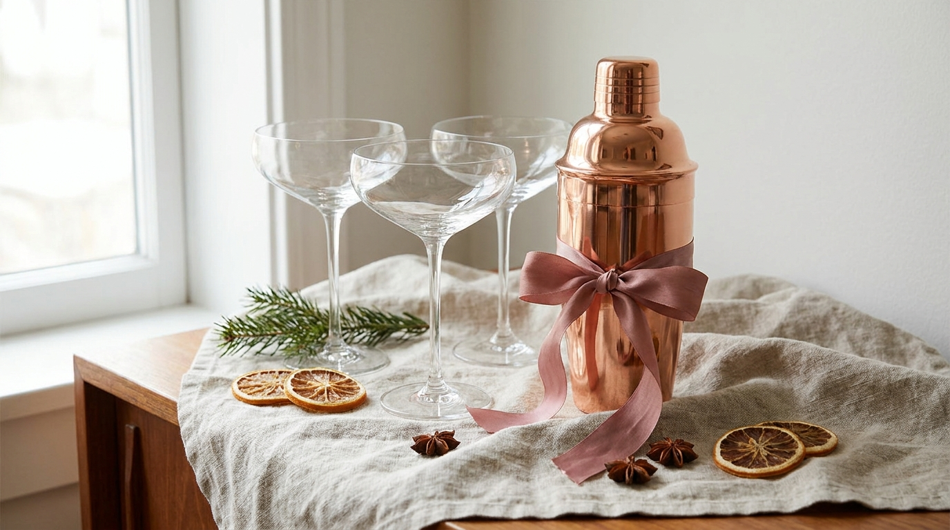 Koperen cobbler shaker met lint naast twee coupes, als cadeau gepresenteerd